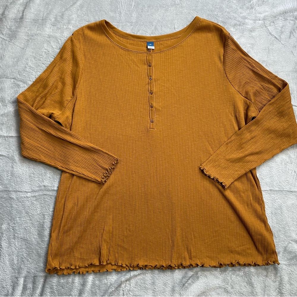 Old Navy Shirt 3X Henley Ribbed Long Sleeve Lettuce Hem Tee Chaparral Brown Slim